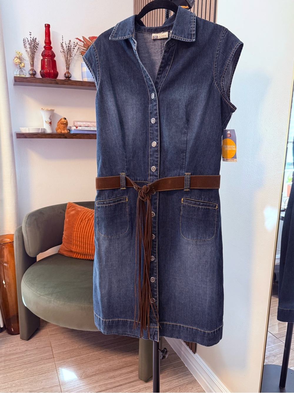 Vintage Faded Glory Dark Blue Denim Shirt Dress with Brown Tie Belt